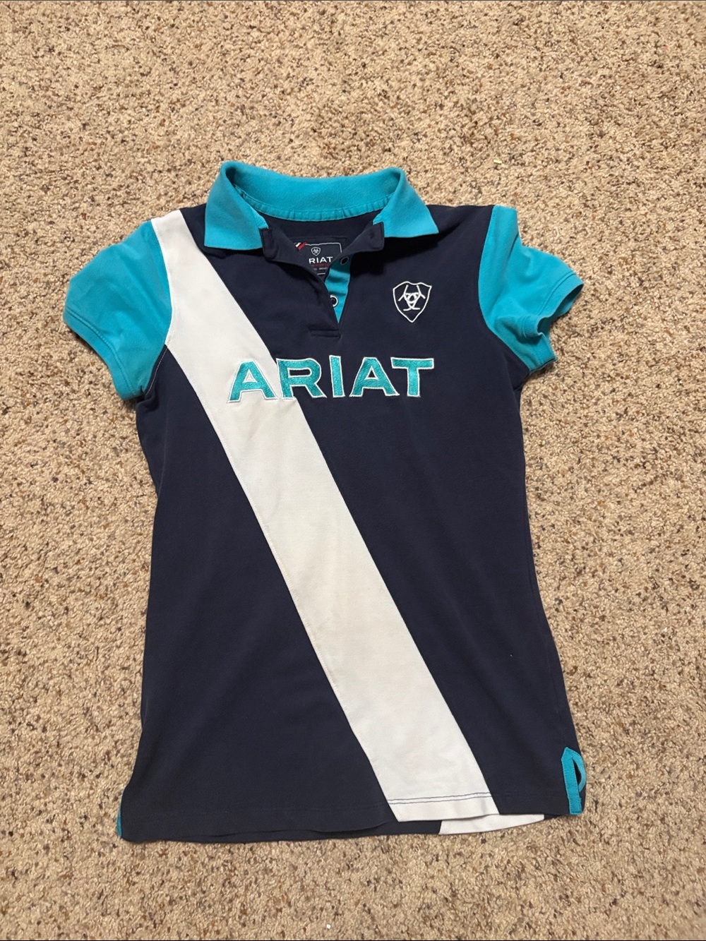 Ariat Navy Polo with Teal Accents and White Diagonal Stripe